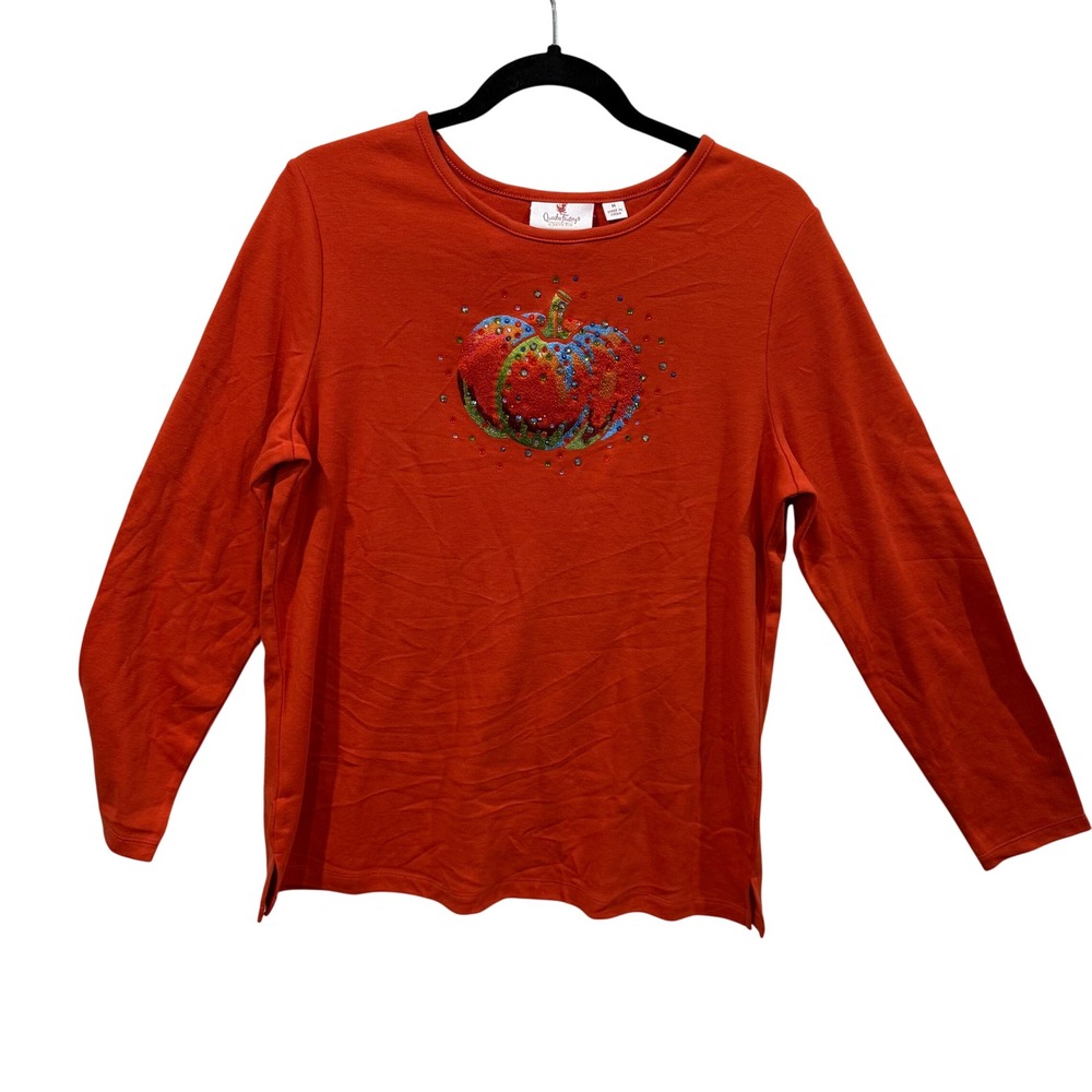 Quacker Factory Burnt Orange Pumpkin Rhinestone Long Sleeve Top Womens Medium
